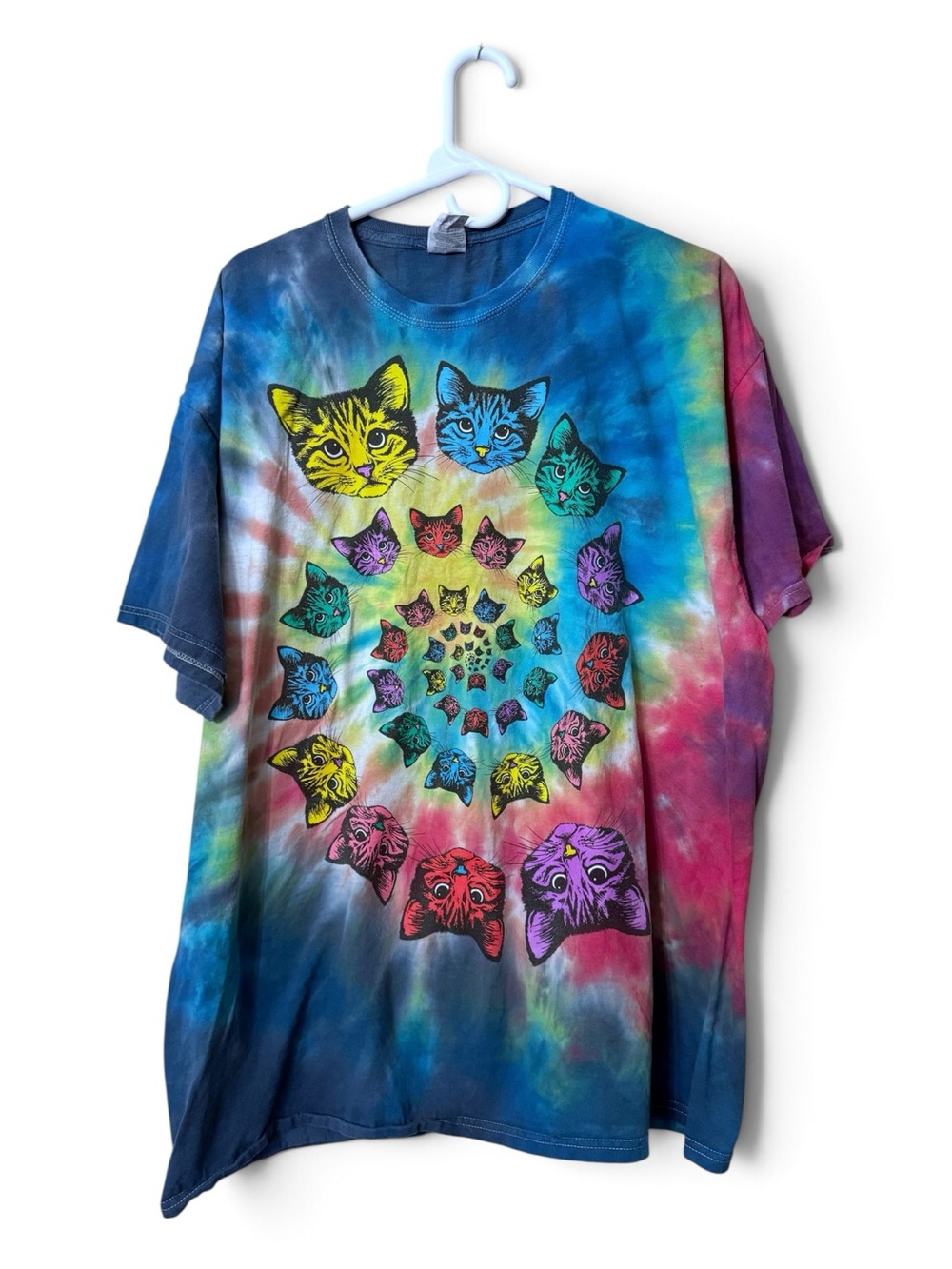 Tie Dye Cat T-Shirt 2XL Mandala Graphic Tee Psychedelic Festival Rainbow